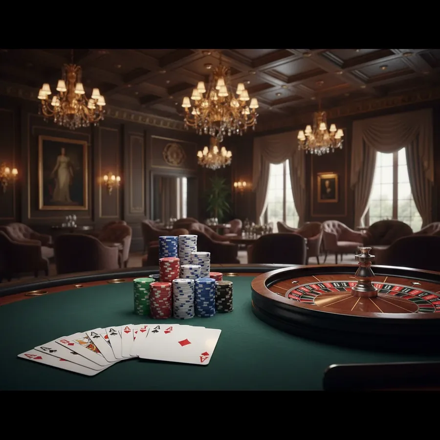 Casinosaal mit Roulettetisch, Jetonstapeln und Kartenfächer