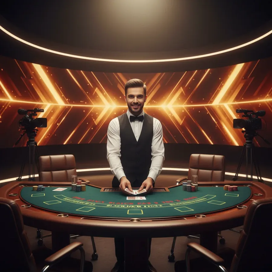 Croupier an einem Blackjacktisch im hell beleuchteten Studio