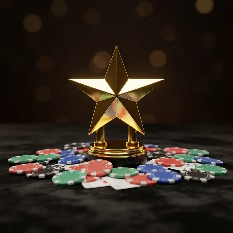Goldene Sterntrophäe umgeben von Jetons