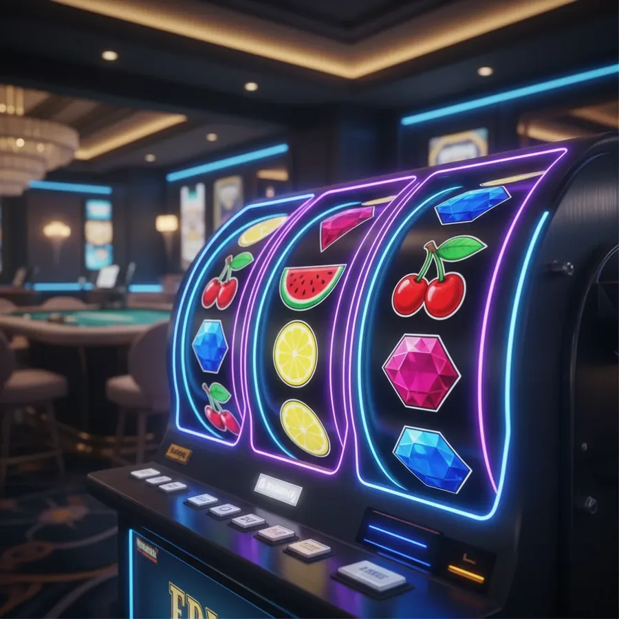 Spielautomat mit Neon-Walzen und Frucht- und Edelstein-Symbolen
